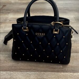 GUESS Black Quilted Satchel with Gold Accents